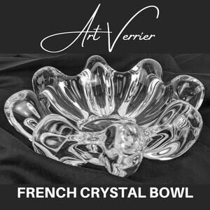 Mid-Century Verrier French Art Glass Ribbed Crystal Bowl, Thick Heavy GORGEOUS